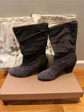 Trask Gray Suede Slouch Mid-Calf Heeled Boots - Women's